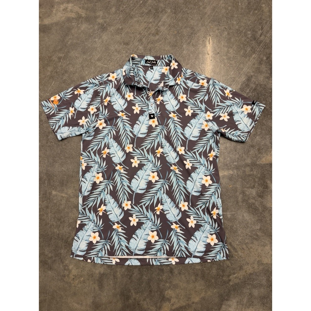 Bad Birdie Mahalo Polo Men's Large Multi Tropical Floral Print Preppy Golf Shirt